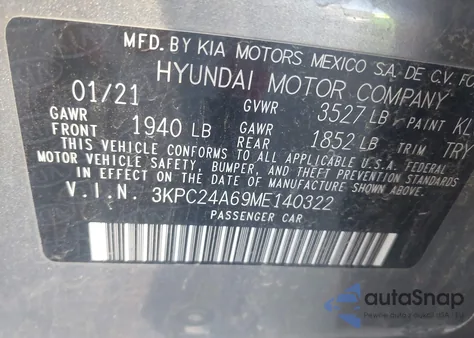 2021 Hyundai Accent Se z USA, uszkodzony, nr VIN 3KPC24A69ME140322